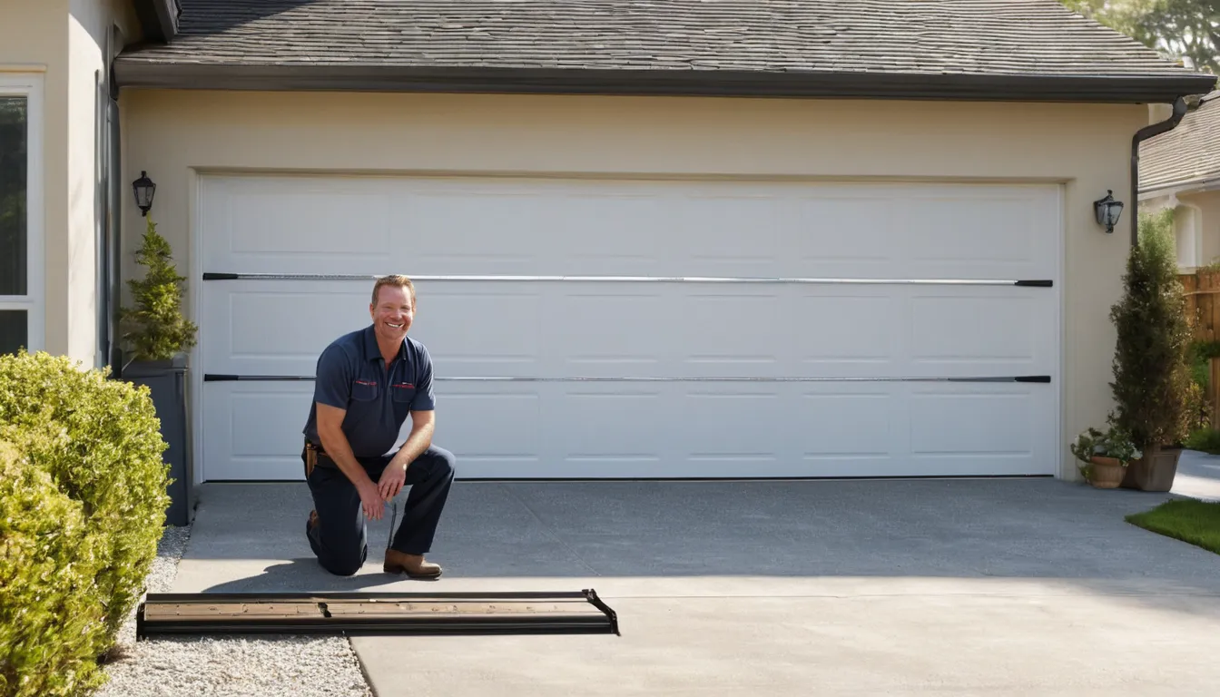 A provider checking garage door tracks for a homeowner
